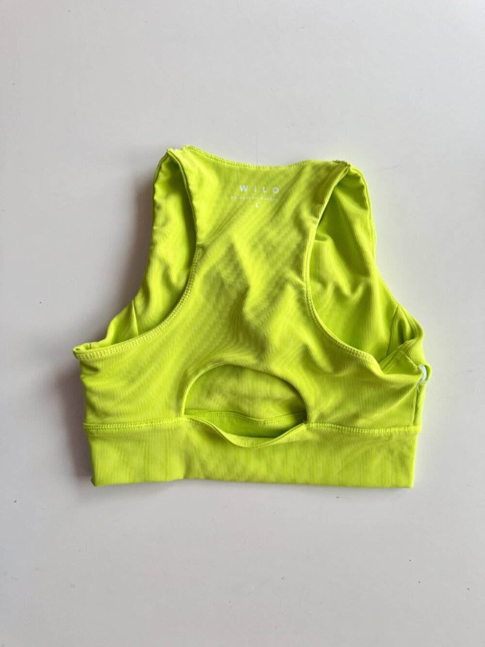 WILO Neon Yellow Based Ribbed Performance Racerback Sports Bra Top, Size L - Picture 7 of 14